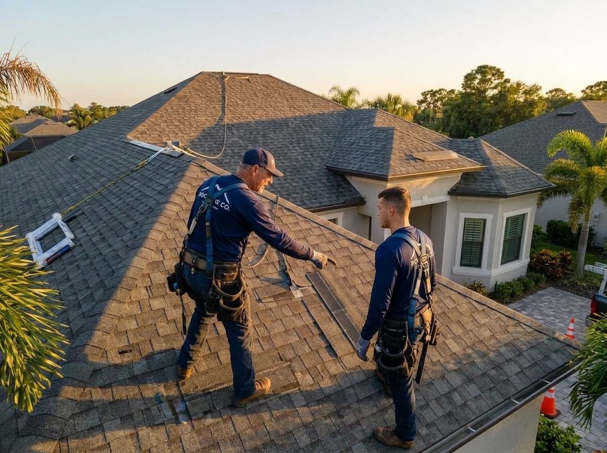 Two roofers, an experienced installer and a younger crew member, working together on a Tampa Bay roof