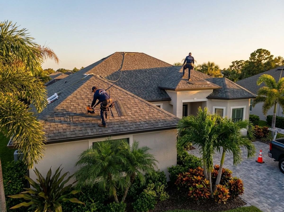 Hloska Roofing crew installing shingles on a Tampa Bay home