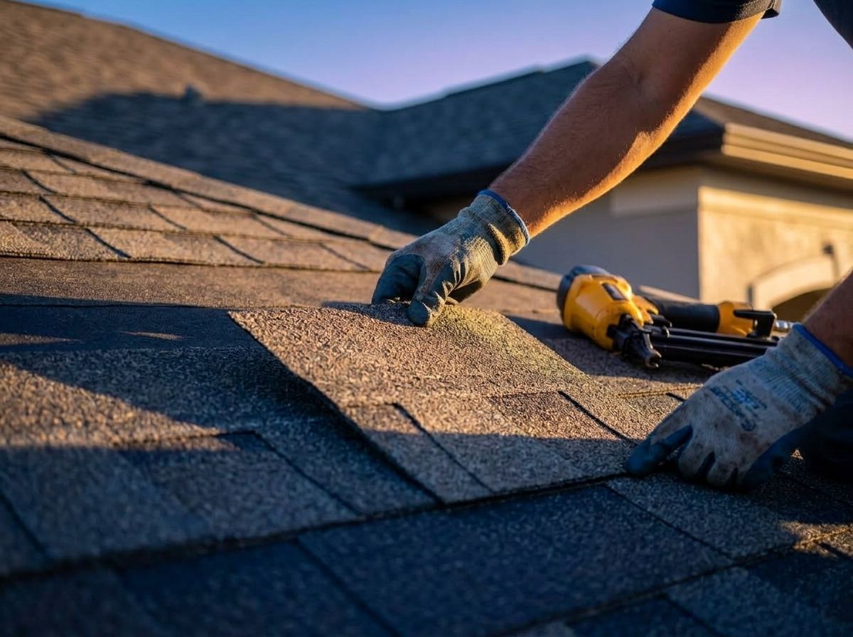 Roofing crew installing dimensional shingles