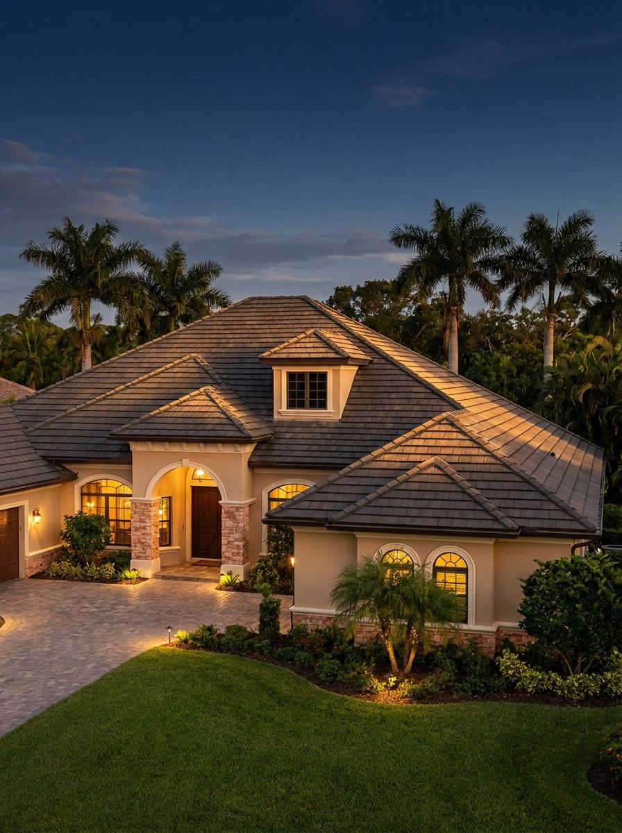 Tampa Bay Florida home with a dimensional shingle roof at golden hour