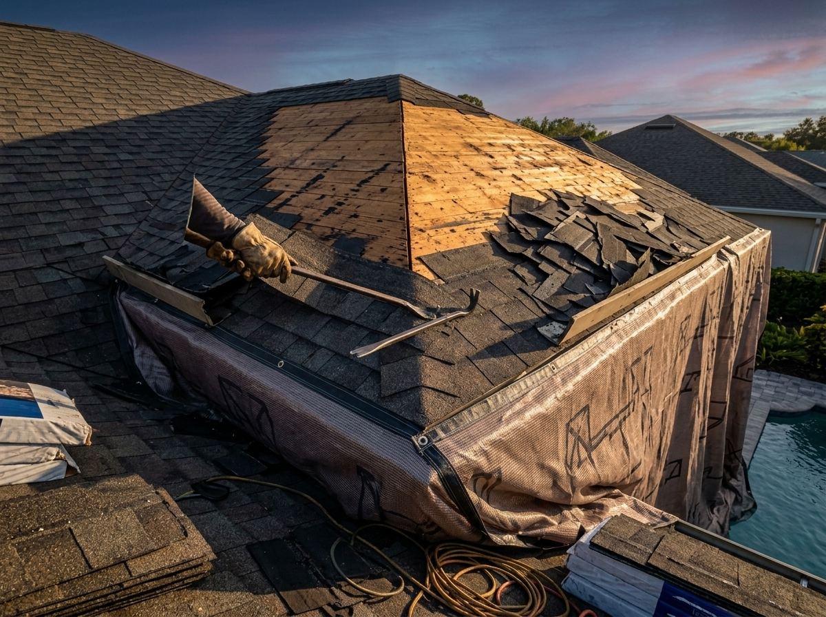 Roof mid tear-off with decking exposed