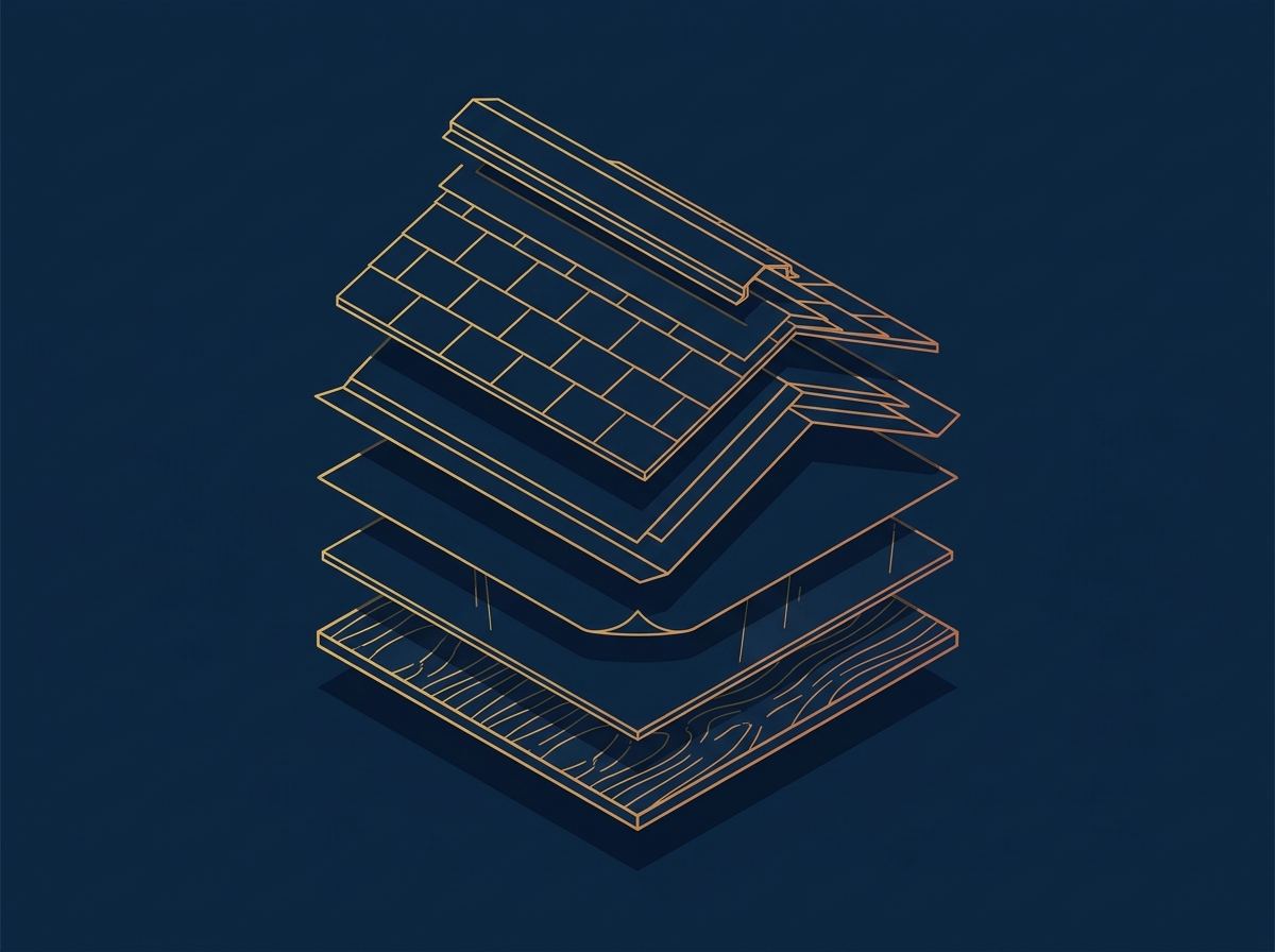Isometric cutaway diagram of a Florida roof system, showing deck, underlayment, ice and water barrier, shingles, and ridge cap