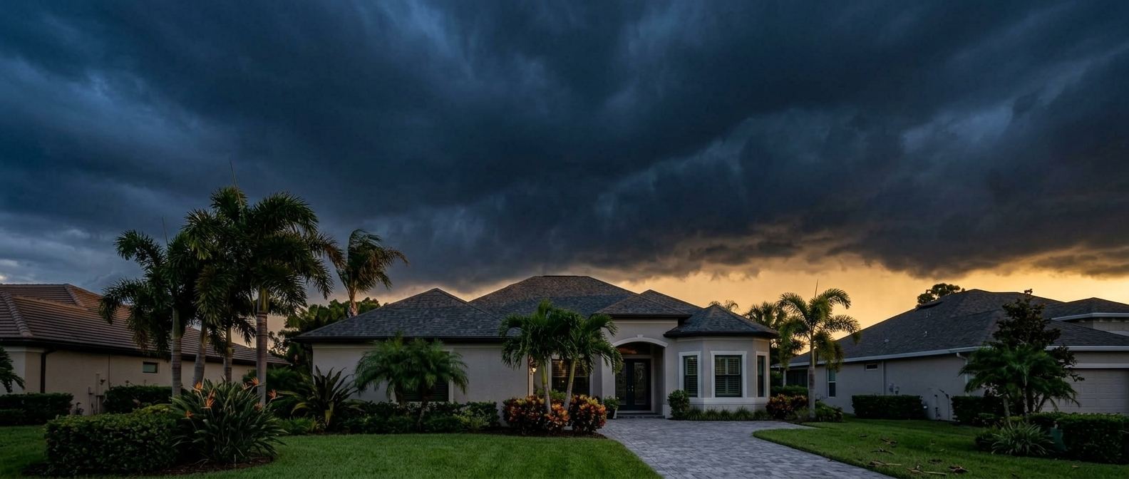 Storm clouds rolling over a Tampa Bay neighborhood
